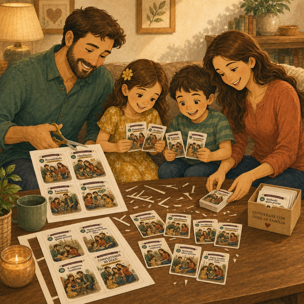 Família reunida à mesa recortando, organizando e conversando com os cards devocionais