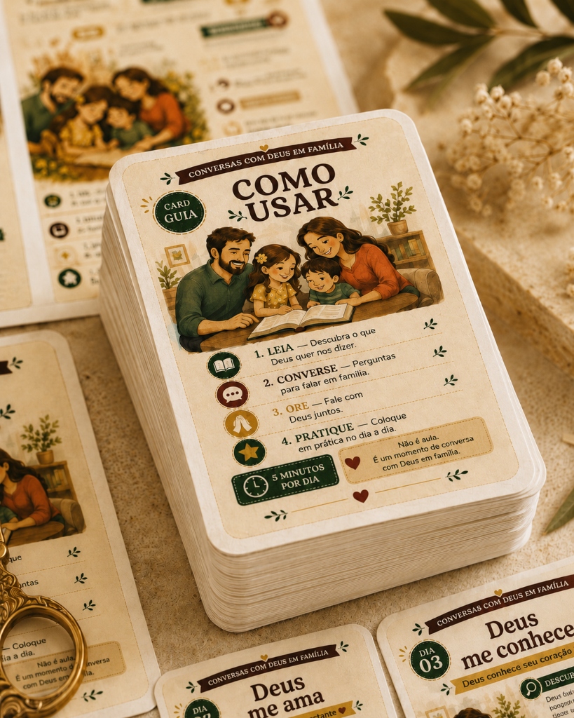Pilha de cards impressos de conversas com Deus em família com o card guia Como Usar