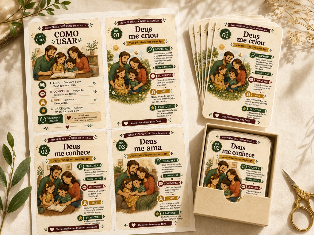 Folha A4 com quatro cards impressos, cards recortados e uma caixinha para guardá-los